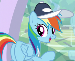 Size: 748x606 | Tagged: safe, derpibooru import, screencap, rainbow dash, pegasus, pony, 2 4 6 greaaat, coach rainbow dash, coaching cap, cropped, female, folded wings, looking back, magenta eyes, mare, multicolored mane, open mouth, plot, raised eyebrow, raised hoof, smiling, solo, talking, whistle necklace