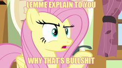 Size: 640x360 | Tagged: safe, fluttershy, pegasus, pony, bullshit, female, mare, meme, reaction image, vulgar