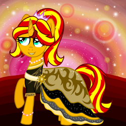 Size: 1200x1200 | Tagged: safe, artist:katya, sunset shimmer, clothes, crown, dress, evening, jewelry, regalia, sun, sunset