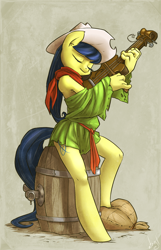 Size: 644x1000 | Tagged: safe, artist:atryl, fiddlesticks, anthro, unguligrade anthro, apple family member, barrel, eyes closed, fiddle, sitting, solo, violin