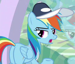 Size: 716x613 | Tagged: safe, derpibooru import, screencap, rainbow dash, pegasus, pony, 2 4 6 greaaat, butt, cap, cropped, female, hat, looking back, mare, open mouth, plot, raised hoof, solo