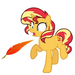 Size: 400x400 | Tagged: safe, artist:princessdestiny200i, sunset shimmer, pony, unicorn, cute, feather, female, mare, open mouth, raised hoof, raised leg, shimmerbetes, shocked, simple background, solo, this will end in tickles, tickling, white background