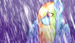 Size: 1280x732 | Tagged: safe, artist:a-vomikaa, derpibooru import, rainbow dash, pegasus, pony, female, mare, rain, sad, solo, spread wings, wings