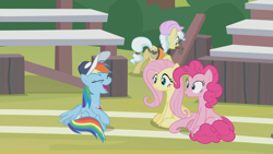 Size: 1366x768 | Tagged: safe, derpibooru import, screencap, ambrosia, cindy block, fluttershy, pinkie pie, rainbow dash, earth pony, pegasus, pony, 2 4 6 greaaat, bleachers, cap, field, hammer, hat, laughing, outdoors, plank, whistle