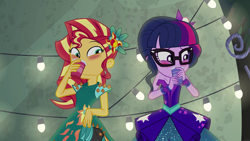 Size: 1280x720 | Tagged: safe, screencap, sci-twi, sunset shimmer, twilight sparkle, equestria girls, legend of everfree, bare shoulders, blushing, clothes, dress, duo, duo female, female, holding shoes, shoes, sleeveless, strapless