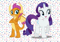 Size: 1024x720 | Tagged: safe, rarity, smolder, dragon, pony, unicorn, abstract background, generosity, power