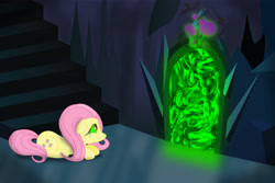 Size: 5000x3333 | Tagged: safe, artist:jawsify, fluttershy, pegasus, pony, dark magic, exploitable meme, magic, meme, the scary door