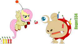 Size: 4177x2364 | Tagged: safe, artist:roger334, fluttershy, pegasus, pony, astronaut, blue pikmin, bulborb, crossover, female, mare, pikmin, red pikmin, simple background, spacesuit, transparent background, vector, white pikmin, yellow pikmin