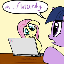 Size: 1200x1200 | Tagged: safe, artist:narbarnar, derpibooru import, fluttershy, twilight sparkle, pegasus, pony, computer, duo, duo female, female, laptop computer