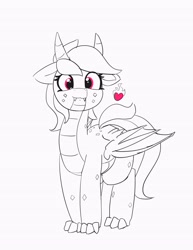 Size: 3071x3975 | Tagged: safe, artist:pabbley, derpibooru import, rainbow dash, dracony, dragon, hybrid, dragonified, fangs, female, floppy ears, heart, looking at you, monochrome, neo noir, partial color, rainbow dragon, simple background, smiling, solo, species swap, white background