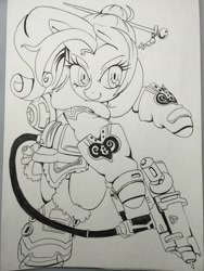 Size: 2448x3264 | Tagged: safe, artist:nipa, rarity, pony, semi-anthro, unicorn, boots, clothes, coat, crossover, gloves, gun, hairpin, hoof hold, mei (overwatch), monochrome, overwatch, pants, shirt, shoes, solo, traditional art, weapon