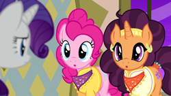 Size: 640x360 | Tagged: safe, screencap, pinkie pie, rarity, saffron masala, pony, unicorn, spice up your life, :o, cute