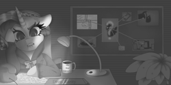 Size: 2000x1000 | Tagged: safe, artist:gurepinku, rarity, pony, unicorn, bulletin board, clothes, coffee mug, cup, desk, detective rarity, female, grayscale, lamp, lip bite, monochrome, mug, phone, solo