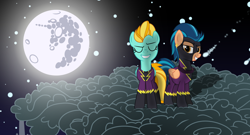 Size: 2664x1436 | Tagged: safe, artist:riq12138, derpibooru import, indigo zap, lightning dust, equestria girls, clothes, costume, crystal prep shadowbolts, equestria girls ponified, mare in the moon, moon, nightmare night, ponified, shadowbolts, shadowbolts costume, wallpaper