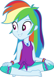 Size: 5000x7161 | Tagged: safe, artist:twilirity, derpibooru import, rainbow dash, better together, choose your own ending, equestria girls, wake up!, wake up!: rainbow dash, absurd resolution, barefoot, clothes, crossed legs, cute, dashabetes, feet, female, geode of super speed, magical geodes, simple background, smiling, solo, tanktop, transparent background, vector