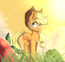 Size: 1280x1220 | Tagged: safe, artist:sourspot, applejack, earth pony, ladybug, pony, apple, apple tree, cowboy hat, cute, female, grass, hat, jackabetes, lens flare, looking at you, mare, smiling, solo, stetson, sunrise, tree