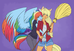 Size: 1550x1080 | Tagged: safe, artist:j3r1k0, derpibooru exclusive, derpibooru import, applejack, rainbow dash, human, equestria girls, appledash, broom, clothes, colored wings, female, humanized, large wings, lesbian, multicolored wings, one eye closed, ponied up, rainbow wings, shipping, shorts, tailed humanization, tongue out, wings, wink