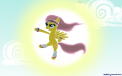 Size: 2000x1250 | Tagged: safe, artist:deathpwny, fluttershy, pegasus, pony, hurricane fluttershy, against sun, scene interpretation, solo, sweatband