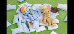 Size: 2436x1125 | Tagged: safe, derpibooru import, screencap, applejack, rainbow dash, earth pony, pegasus, pony, my little pony: pony life, my little pony: stop motion short, pillow fight (short), applejack's hat, cowboy hat, female, hat, mare, pillow, sleeping, stop motion