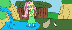 Size: 1700x721 | Tagged: safe, artist:amateur-draw, fluttershy, pegasus, pony, rabbit, 1000 hours in ms paint, alternate hairstyle, bow, clothes, cute, dress, ms paint, waterfall