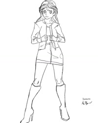 Size: 905x1131 | Tagged: safe, artist:killofkama, sunset shimmer, human, boots, clothes, female, high heel boots, humanized, jacket, lineart, monochrome, shoes, shorts, solo