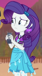 Size: 361x649 | Tagged: safe, screencap, rarity, better together, equestria girls, lost and found, clothes, confused, cropped, ear piercing, phone, piercing, sarong, solo, swimsuit