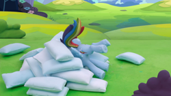 Size: 1920x1080 | Tagged: safe, derpibooru import, screencap, rainbow dash, pegasus, pony, my little pony: pony life, my little pony: stop motion short, pillow fight (short), butt, cropped, female, mare, pillow, plot, solo, stop motion