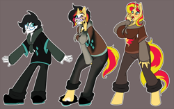 Size: 750x472 | Tagged: safe, artist:koportable, sunset shimmer, oc, anthro, human, unguligrade anthro, unicorn, big breasts, breasts, brown background, character to character, cleavage, clothes, clothing transformation, cutie mark, cutie mark on clothes, female, gift art, glasses, gritted teeth, hand on face, hoodie, human oc, human to anthro, male, male to female, one eye closed, open mouth, pants, ripping clothes, rule 63, shoes, simple background, smiling, sunset jiggler, transformation, transformation sequence, transgender transformation