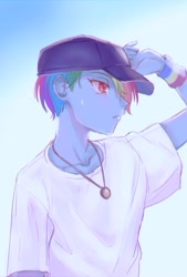 Size: 567x839 | Tagged: safe, artist:yakieringi014, derpibooru import, rainbow dash, human, equestria girls, anime, female, geode of super speed, hat, magical geodes, short hair, sweat