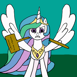 Size: 4000x4000 | Tagged: safe, anonymous artist, princess celestia, alicorn, pony, /mlp/, 4chan, angry, behaving like a bird, biting, colored, drawthread, female, frown, funny, glare, green background, gritted teeth, irony, looking at you, majestic as fuck, mare, ponified animal photo, sign, simple background, solo, spread wings, swanlestia, wing hands, wings