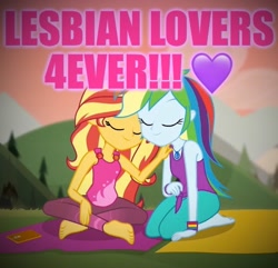 Size: 633x609 | Tagged: safe, edit, edited screencap, screencap, rainbow dash, sunset shimmer, better together, equestria girls, wake up!, wake up!: rainbow dash, caption, cute, eyes closed, feet, female, heart, image macro, lesbian, shipping, smiling, sunsetdash, text