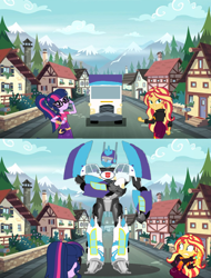 Size: 1080x1418 | Tagged: safe, artist:electrahybrida, artist:luckreza8, edit, edited screencap, screencap, sci-twi, sunset shimmer, twilight sparkle, oc, oc:festivitus prime, better together, equestria girls, legend of everfree, sunset's backstage pass!, autobot, everfree forest, forest, rv, smugimus prime, smugset shimmer, transformers