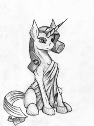 Size: 749x1000 | Tagged: safe, artist:akurion, rarity, pony, unicorn, clothes, female, grayscale, mare, monochrome, realistic horse legs, sitting, solo, toga, traditional art