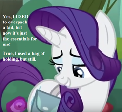 Size: 528x484 | Tagged: safe, edit, edited screencap, screencap, rarity, pony, unicorn, the mean 6, bag of holding, camping, cropped, dialogue, forest, saddle bag, smiling, text