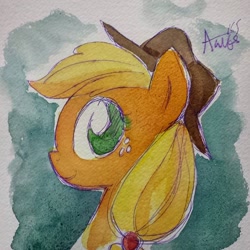 Size: 640x640 | Tagged: safe, artist:agnesgarbowska, applejack, earth pony, pony, looking at you, solo, traditional art, watercolor painting