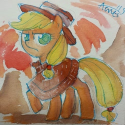 Size: 640x640 | Tagged: safe, artist:agnesgarbowska, applejack, earth pony, pony, clint eastwood, clothes, looking at you, solo, the man with no name, traditional art, watercolor painting