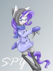 Size: 1200x1600 | Tagged: safe, artist:azurepicker, rarity, pony, unicorn, clothes, female, kunai, scarf, simple background, socks, solo, tongue out