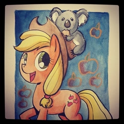 Size: 640x640 | Tagged: safe, artist:agnesgarbowska, applejack, earth pony, koala, pony, traditional art, watercolor painting