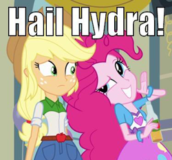 Size: 375x350 | Tagged: safe, applejack, pinkie pie, equestria girls, hail hydra, image macro, marvel, meme