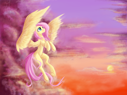 Size: 2828x2121 | Tagged: safe, artist:zefirayn, fluttershy, pegasus, pony, cloud, female, flying, mare, sky, solo, sun, underhoof