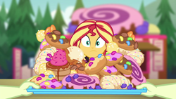 Size: 1280x720 | Tagged: safe, screencap, sunset shimmer, equestria girls, equestria girls series, wake up!, wake up!: pinkie pie, spoiler:choose your own ending (season 2), spoiler:eqg series (season 2), bread, candy, croissant, cute, donut, female, food, junk food, shimmerbetes, solo, sweets, this will end in diabetes, this will end in weight gain, this will not end well