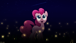 Size: 1920x1080 | Tagged: safe, artist:1apeepa, artist:drakesparkle44, derpibooru import, pinkie pie, earth pony, pony, female, grass, looking up, mare, night, shooting star, signature, solo, stars, vector, wallpaper