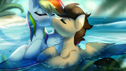 Size: 1920x1080 | Tagged: safe, artist:colorfulcolor233, derpibooru import, rainbow dash, oc, oc:skittle, pegasus, pony, canon x oc, cute, female, kissing, male, shipping, skidash, stallion, straight, surfboard