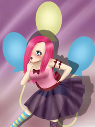 Size: 2133x2871 | Tagged: safe, artist:zeezeepearl, pinkie pie, human, blushing, clothes, goth, humanized, pinkamena diane pie, see-through, shorts, skirt, socks, solo