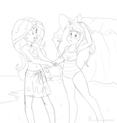 Size: 900x940 | Tagged: safe, artist:carnifex, sunset shimmer, wallflower blush, equestria girls, beach, belly button, blushing, clothes, commission, female, hat, holding hands, lesbian, midriff, sarong, shipping, sketch, sun hat, swimsuit, wallset