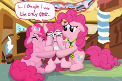 Size: 1625x1074 | Tagged: safe, artist:ultrathehedgetoaster, pinkie pie, earth pony, pony, too many pinkie pies, clone, clones, dialogue, diane, hug, necktie, pinkie clone, sugarcube corner, the clone that got away