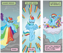 Size: 862x722 | Tagged: safe, artist:tonyfleecs, derpibooru import, idw, rainbow dash, pegasus, pony, idw micro series, cloud, comic, eyes closed, female, flying, goggles, lego, mare, official comic, rainbow