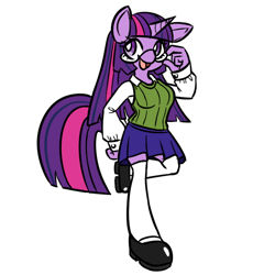 Size: 600x600 | Tagged: safe, artist:tophattyranosaurusrex, twilight sparkle, unicorn twilight, anthro, unicorn, clothes, female, glasses, open mouth, shoes, simple background, skirt, smiling, socks, thigh highs, white background, zettai ryouiki