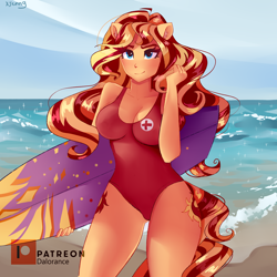 Size: 4000x4000 | Tagged: safe, artist:xjenn9, sunset shimmer, equestria girls, beach, bedroom eyes, breasts, cleavage, clothes, female, lifeguard, looking at you, mare, ocean, one-piece swimsuit, ponied up, smiling, solo, sunset jiggler, surfboard, swimsuit