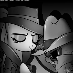 Size: 1200x1200 | Tagged: safe, artist:lennonblack, rarity, spike, dragon, pony, unicorn, rarity investigates, black and white, clothes, coat, detective rarity, eyes closed, female, grayscale, hat, male, mare, monochrome, noir, sunglasses
